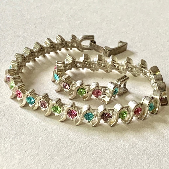 Pastel Crystals Tennis Bracelet, silver vintage - Picture 3 of 8